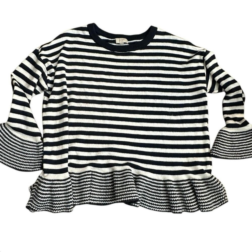 LOFT Outlet Women's Navy Blue & White Stripe Print Bell Sleeve Sweater Size XL